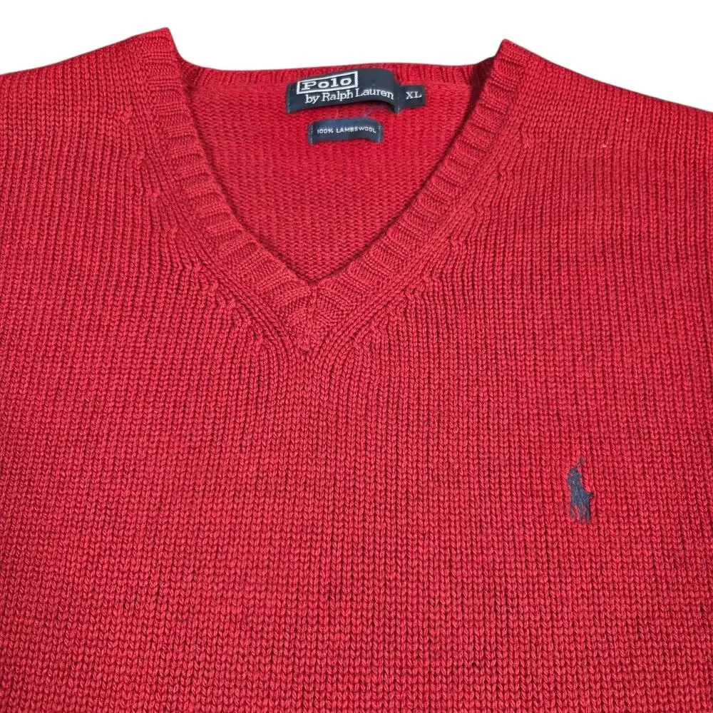 Vintage‎ Polo By Ralph Lauren Sweater Mens XL Red Lambs Wool V Neck Grandpa